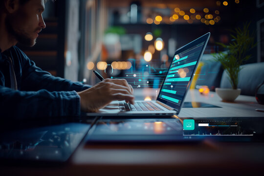 Project manager working on schedule laptop office to updating task and milestones progress planning with Gantt chart scheduling interface on virtual screen to co working another member in team