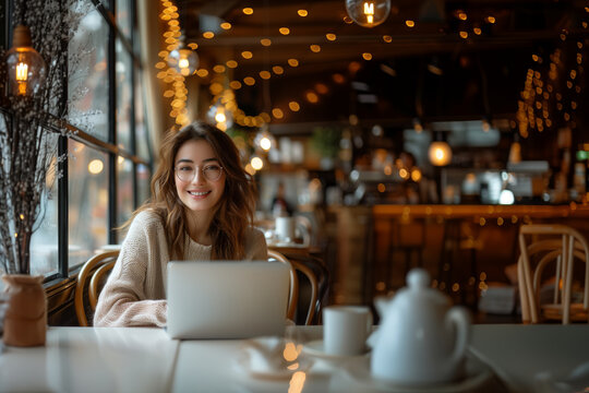 a happy young woman with a laptop, sitting in the coffee shop, the portrait image showcasing a modern professional working remotely, closeup shot