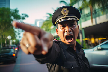 Asian police officer emotionally shouts warning while pointing finger at lawbreaker on city street.