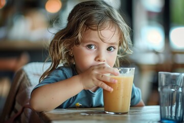 Little girl drinks a smoothie