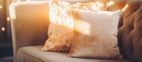 This close-up shot showcases two decorative pillows placed on a luxurious sofa in a living room...