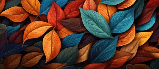 This close-up showcases a bunch of vividly colorful leaves, each displaying a unique hue and texture. The leaves are tightly packed together, creating a visually appealing and dynamic composition.