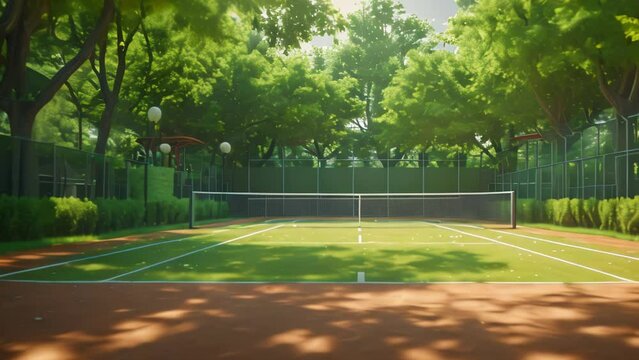 tennis court and green trees. 4k video animation