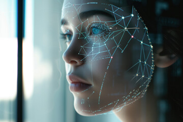 An identification system based on biometric technology, which uses face recognition to protect data online from cyber attacks AI Generative - obrazy, fototapety, plakaty