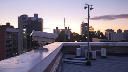 An image showing a security camera installed on a rooftop providing surveillance of a large area from above.