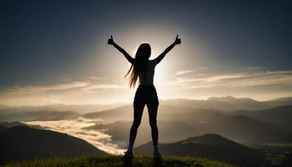 Silhouette of slender caucasian woman with long hair and thumbs up gesture, embodying positivity and beauty in the shadows