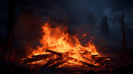 Evening outdoor nature background with campfire closeup