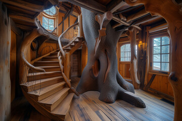 Wooden house with an internal rounded staircase - obrazy, fototapety, plakaty
