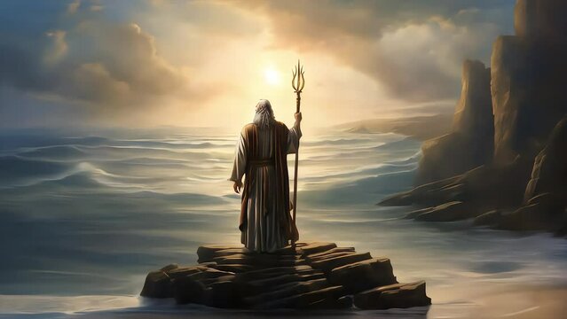 Silhouette of Moses stands on the edge of the sea looking at the ocean with moving waves and copy space area. Suitable for Happy Passover videos.