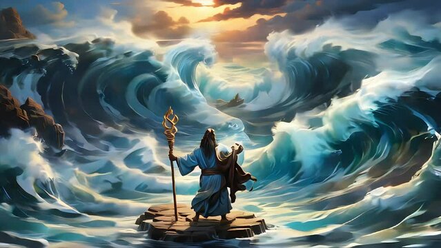 Cartoon drawing video of Moses is parting the sea using a magic wand. Suitable for Happy Passover videos 