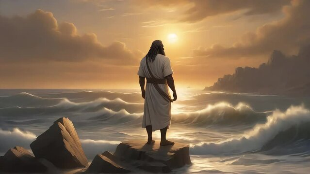 Moses standing looking at the ocean with moving waves and copy space area. Suitable for Happy Passover Celebration Video  