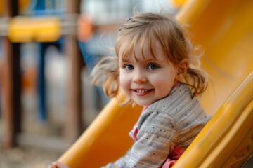 happy little girl in playground sitting on slide