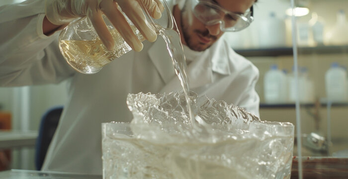 A scientist in a laboratory is carefully pouring a clear liquid into a mold creating a new type of sustainable insulation material. innovative material made from recycled
