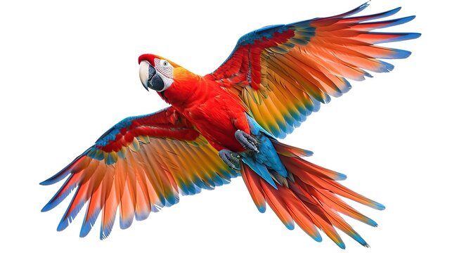 colorful parrot flying on white background. image of animal. copy space for text.