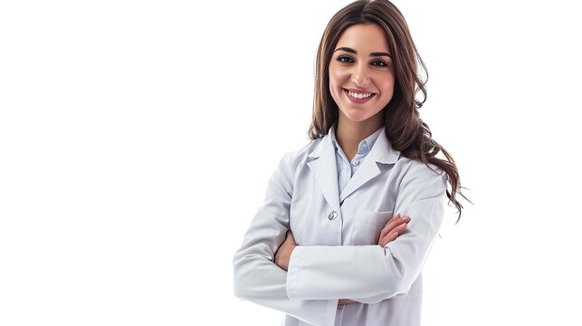 A happy female pharmacist standing with your arms crossed with confidence isolated on white background.