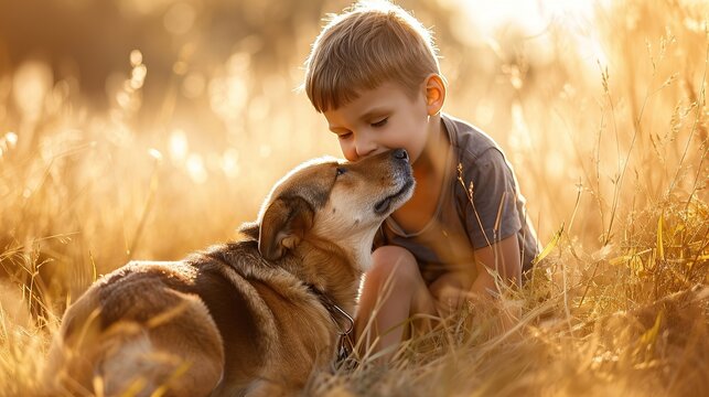 A Little boy kisses the dog in the field in summer day. Friendship, care, happiness, Cute child with doggy pet portrait at nature in the morning.