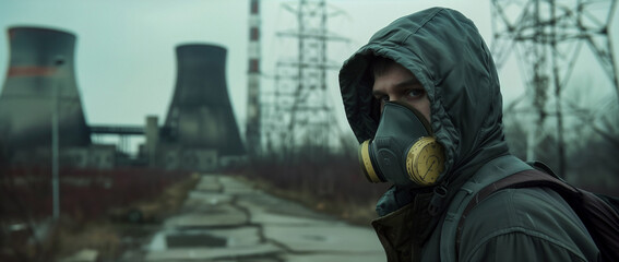 Dystopian image of a survivor of enviromental collapse. Nuclear cooling towers and ravaged landscape. Poisoned air and nightmarish living conditions. - obrazy, fototapety, plakaty