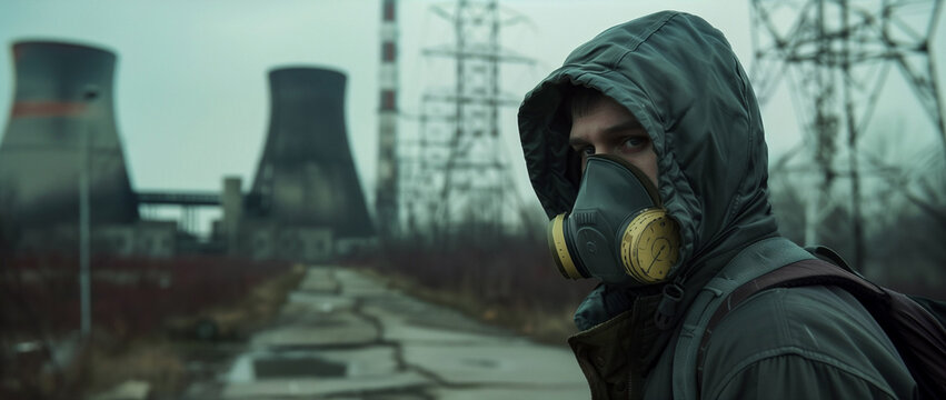 Dystopian image of a survivor of enviromental collapse. Nuclear cooling towers and ravaged landscape. Poisoned air and nightmarish living conditions.