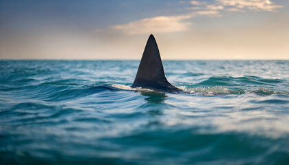 Fototapeta premium Distant shark fins pierce ocean surface with intense lighting, evoking suspense and danger. Space for caption