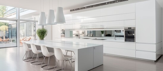 A large white kitchen featuring a central island, designed in a modern minimalist style. The kitchen is equipped with stainless steel appliances, sleek countertops, and ample storage space.