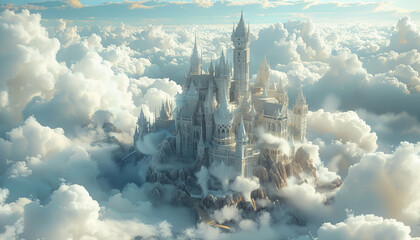 Castle in the clouds, imagined through a child's eyes, 3D render, cinematic, hyperrealistic, high-angle shot. - obrazy, fototapety, plakaty