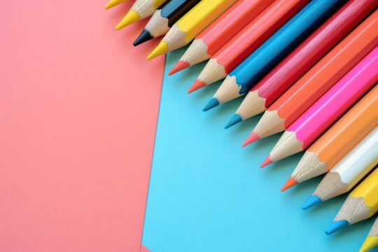 Colorful pencils on blue and pink background with copy space.