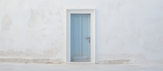 A white building stands with a prominent blue door and window, adding a pop of color to the structure.