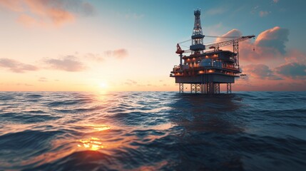 Daylight offshore oil rig platform in open sea with vast blue ocean and distant platform visible - obrazy, fototapety, plakaty