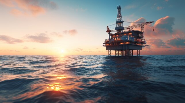 Daylight offshore oil rig platform in open sea with vast blue ocean and distant platform visible