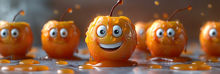 A 3D animated cartoon render of a smiling caramel apple with googly eyes.