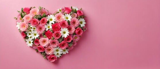 A flower bouquet is forming a heart shape on pink background