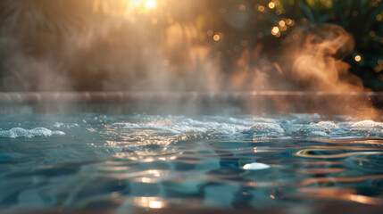 Steam rising off the surface of a hot tub creating a dreamy ethereal atmosphere.