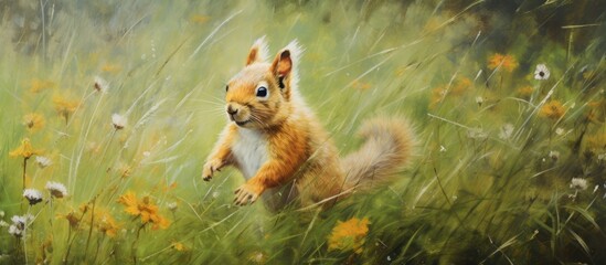 A painting depicting a squirrel in a vibrant field of colorful flowers. The squirrel is shown amidst the blooms, foraging for food in its natural habitat.