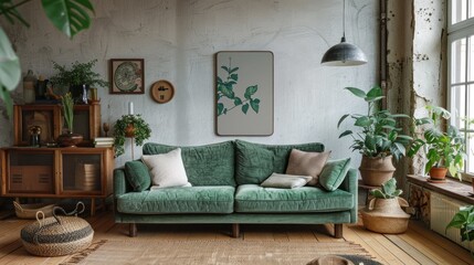 A green sofa is positioned against a white wall in a modern living room as a professional photograph