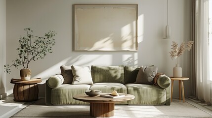 A green sofa is positioned against a white wall in a modern living room as a professional photograph