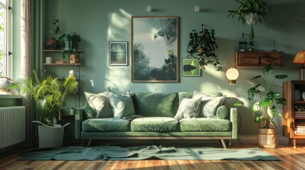 An interior design for a modern loft living room with a green pattern wall background