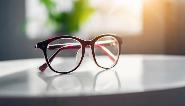 eyeglass frame on white table, lit by bright backlight, ready for caption space