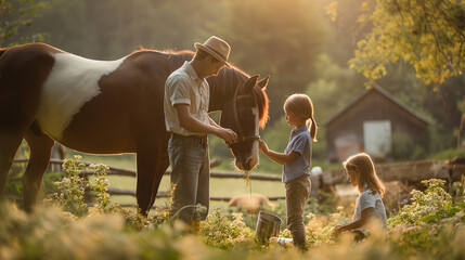 Rustic family summer vacation, horse feeding, sunny countryside, children with father, pure blue color - obrazy, fototapety, plakaty