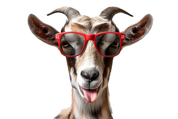 a portrait of a spotted goat with a tongue sticking out and sunglasses, isolated on transparent background, png file