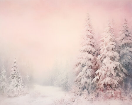 Pink Winter Landscape, Snowy, Pastel Pink, Snowy, Christmas, Painting