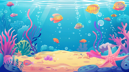 Fototapeta na wymiar Underwater cartoon background with fish sand seaweed pearl jellyfish