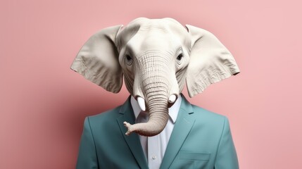 Elephant in business attire pretending to work in corporate setting, studio shot with copy space