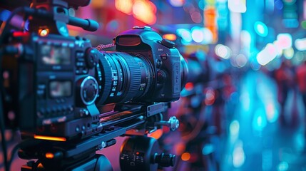 Professional cinema camera equipped with a large lens, set against a vivid neon-lit city street at night, high-end cinema camera in urban night setting.