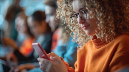 Curly-haired young woman engrossed in her smart phone amidst a crowd at a social gathering, young woman using smartphone at social event.