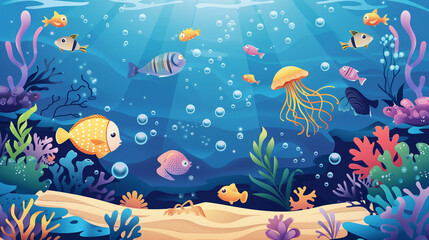 Obraz na płótnie Canvas Underwater cartoon background with fish sand seaweed pearl jellyfish