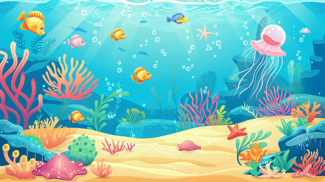 Underwater cartoon background with fish  sand  seaweed  pearl  jellyfish