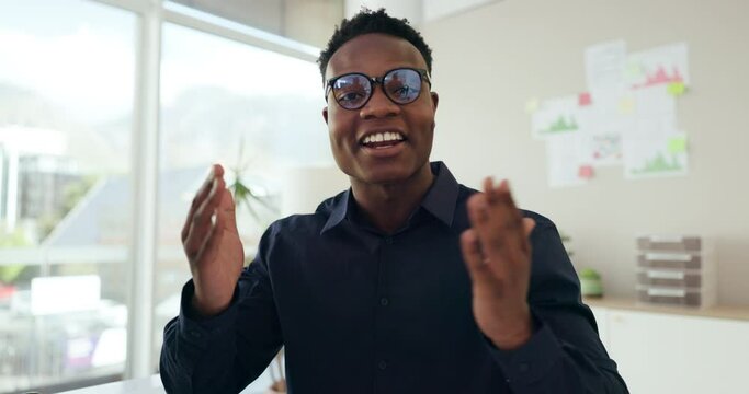 Face, video call and entrepreneur with black man, smile and greeting with explain project and modern office. Portrait, African person or agent with virtual meeting and webinar for company development