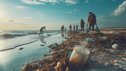 A group of dedicated volunteers diligently cleaning up litter strewn along the beach. In the background, the vast ocean, as they pick up trash to protect marine life - obrazy, fototapety, plakaty