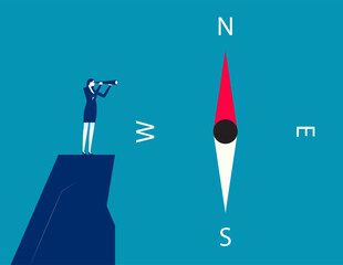 Businesswoman look through telescope. Search for opportunity