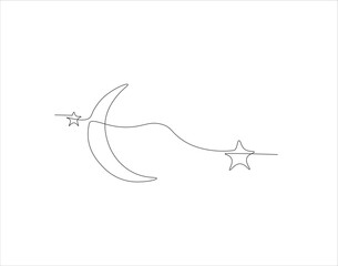 Continuous Line Drawing Of Crescent Moon For Ramadhan Element. One Line Of Crescent Moon. Moon Continuous Line Art. Editable Outline. © TiyoSakhi
